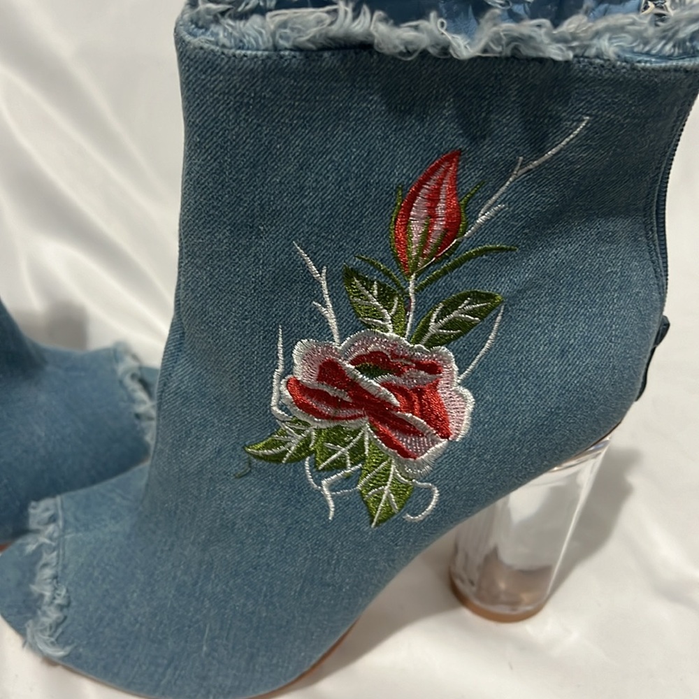 Glaze Denim Peep Toe Ankle Booties with Floral Embroidery & Clear Block Heel - Picture 12 of 12